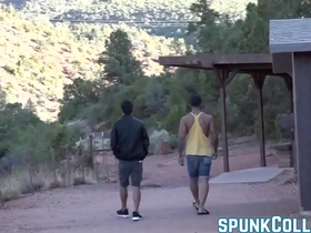 Muscular and tattooed men engage in unprotected anal sex and oral sex outdoors